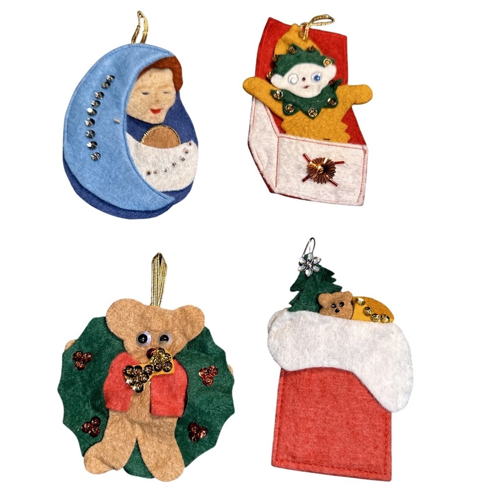 Handmade Felt Christmas Ornaments Nativity Teddy Bear Elf Stocking Set